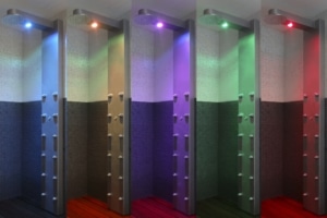 DIferentes opciones de la ducha tres estaciones con los colores de cromoterapia
