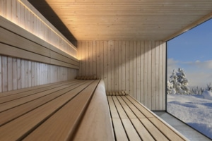 Sauna selecte con dos bancos y ventana  acristalada