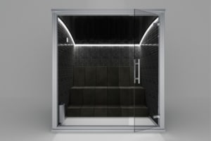 Baño de vapor con cristal laminado y puerta abierta